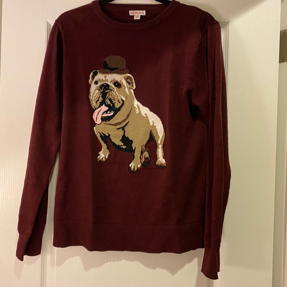 Maroon English Bulldog Sweater Long Sleeve. Size: Small.